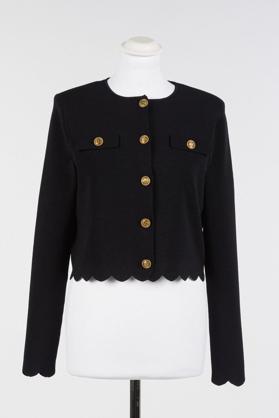 Twinset Black Knitted Jacket with Gold Buttons and Scalloped Hem