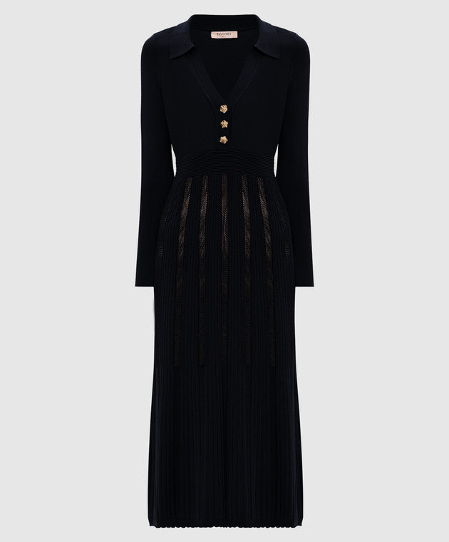 Twinset Black Knitted Midi Dress with Gold Buttons