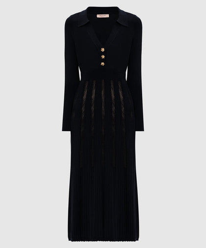Twinset Black Knitted Midi Dress with Gold Buttons