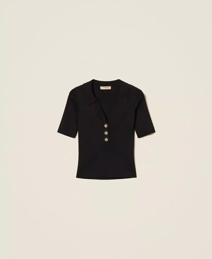 Twinset Black Knitted Polo Shirt with Jewel Buttons