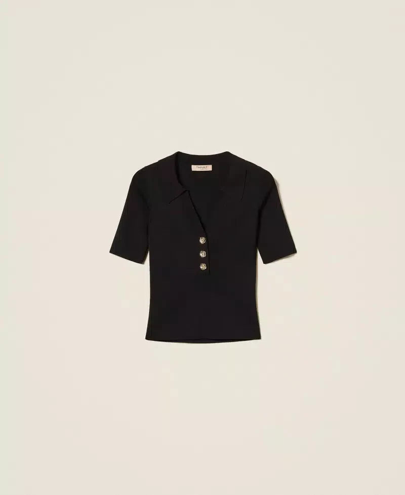 Twinset Black Knitted Polo Shirt with Jewel Buttons