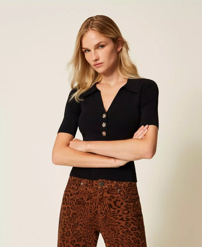 Twinset Black Knitted Polo Shirt with Jewel Buttons