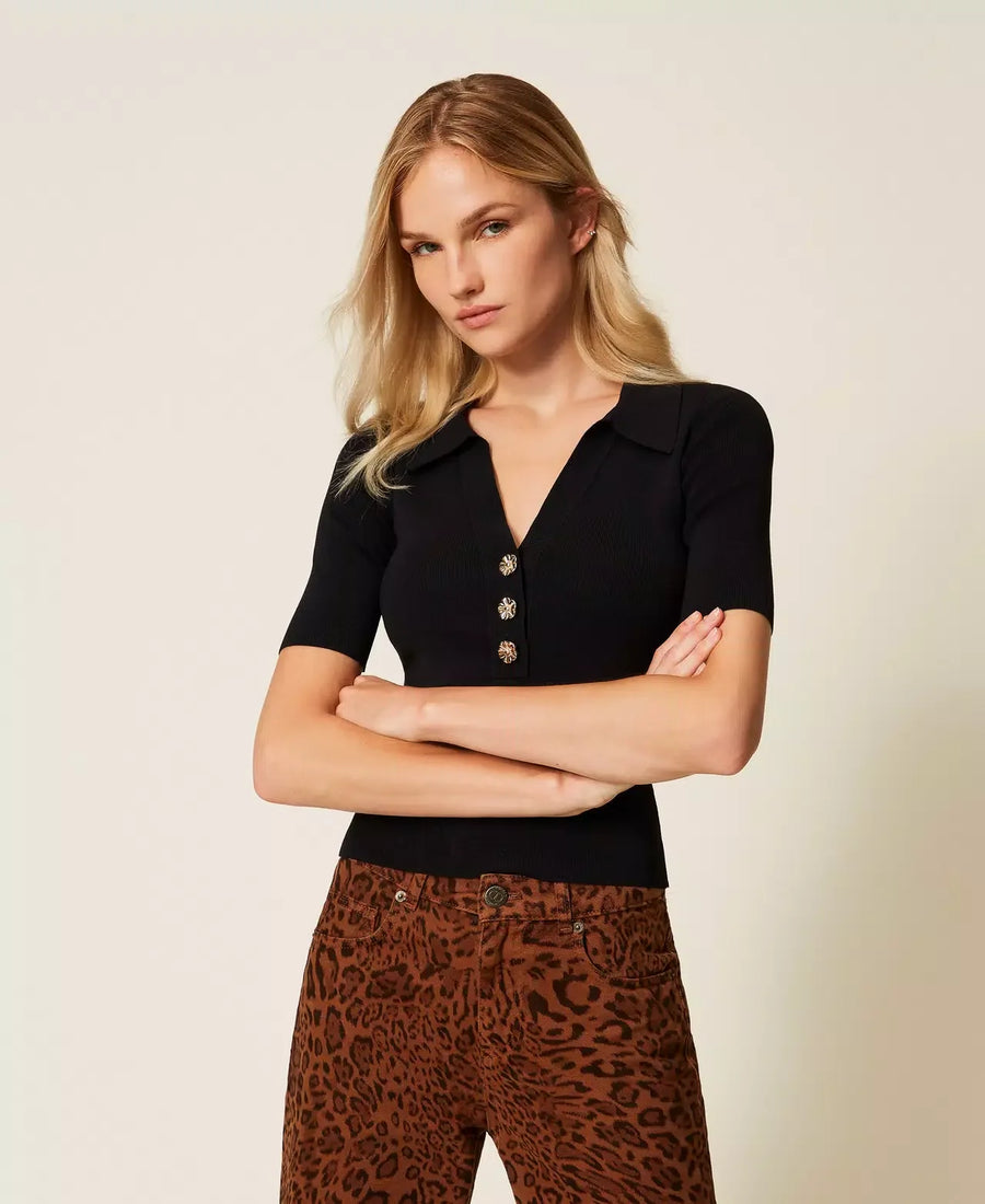Twinset Black Knitted Polo Shirt with Jewel Buttons