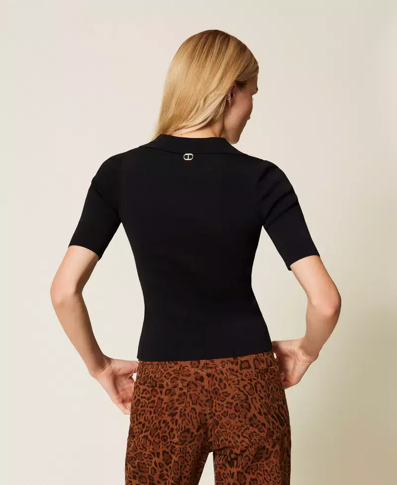 Twinset Black Knitted Polo Shirt with Jewel Buttons