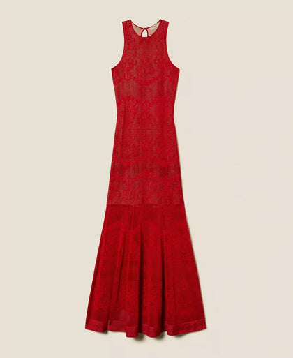 Twinset Black Long Viscose Knit Dress with Openwork Detailing