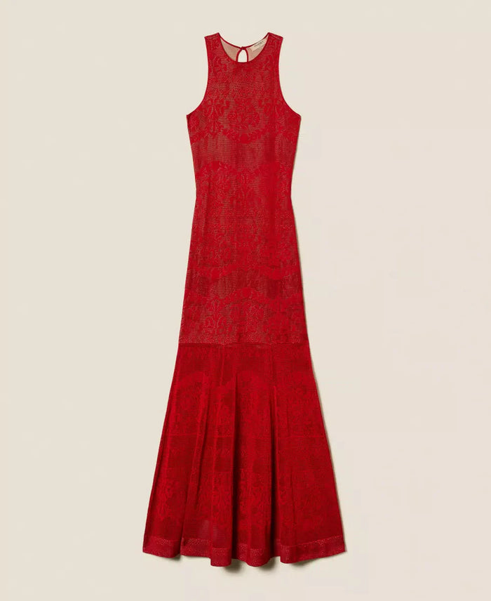 Twinset Black Long Viscose Knit Dress with Openwork Detailing