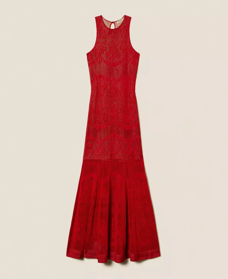 Twinset Black Long Viscose Knit Dress with Openwork Detailing