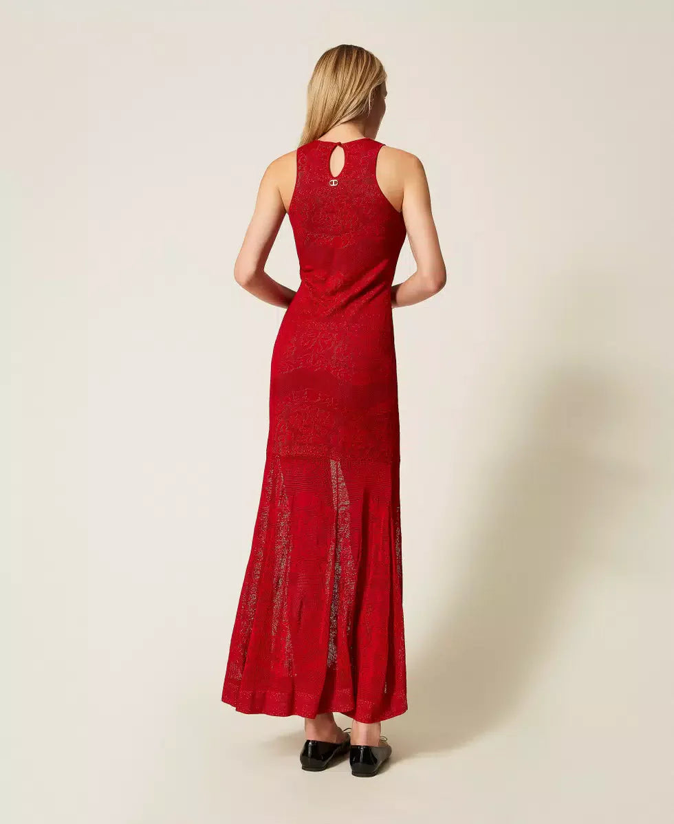 Twinset Twinset Black Long Viscose Knit Dress with Openwork Detailing