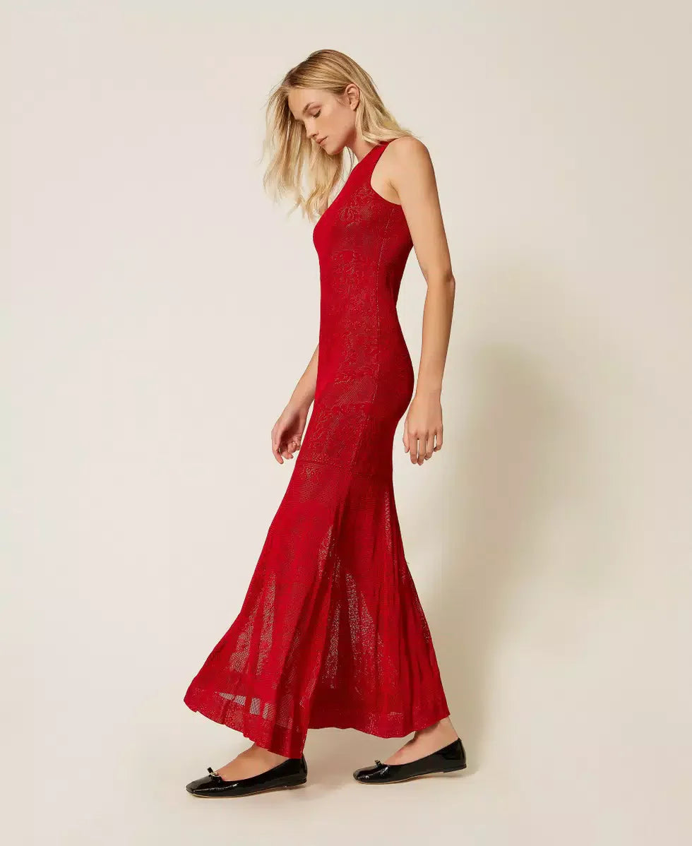 Twinset Twinset Black Long Viscose Knit Dress with Openwork Detailing