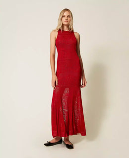Twinset Black Long Viscose Knit Dress with Openwork Detailing