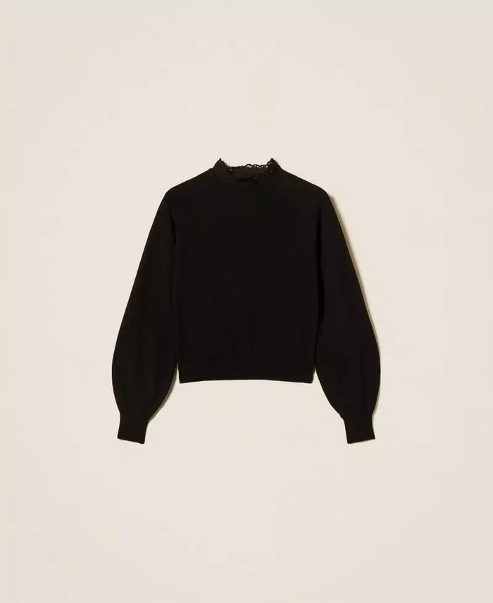 Twinset Black Viscose-Blend Turtleneck Jumper with Lace Trim