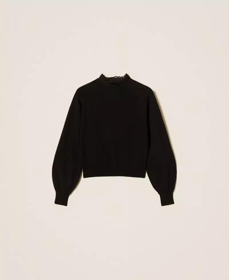 Twinset Black Viscose-Blend Turtleneck Jumper with Lace Trim
