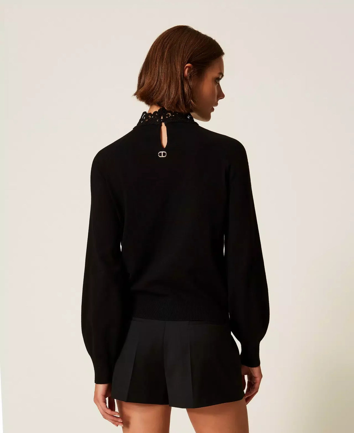 Twinset Black Viscose-Blend Turtleneck Jumper with Lace Trim