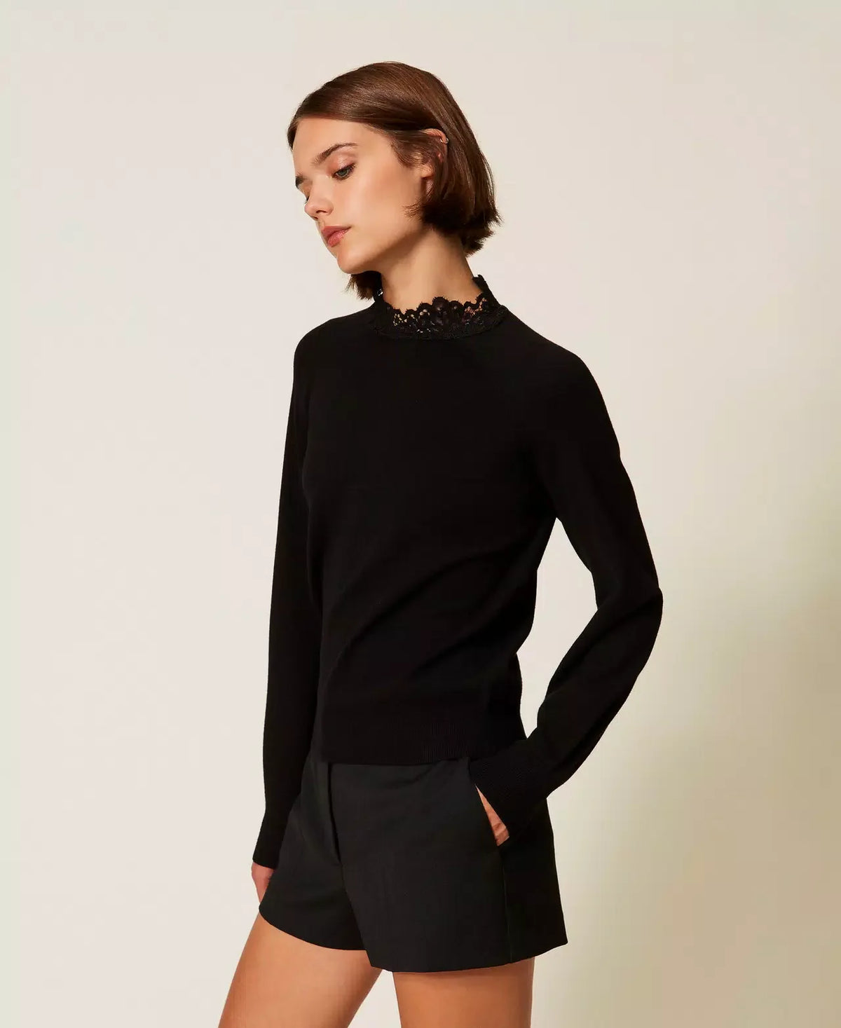 Twinset Black Viscose-Blend Turtleneck Jumper with Lace Trim