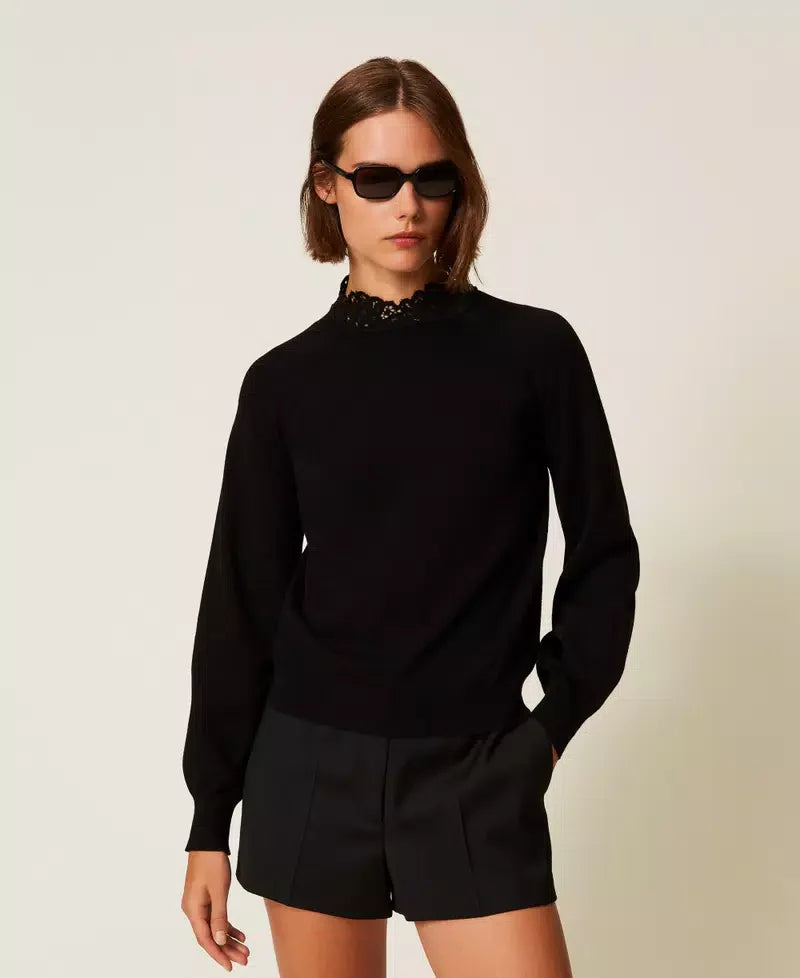 Twinset Black Viscose-Blend Turtleneck Jumper with Lace Trim