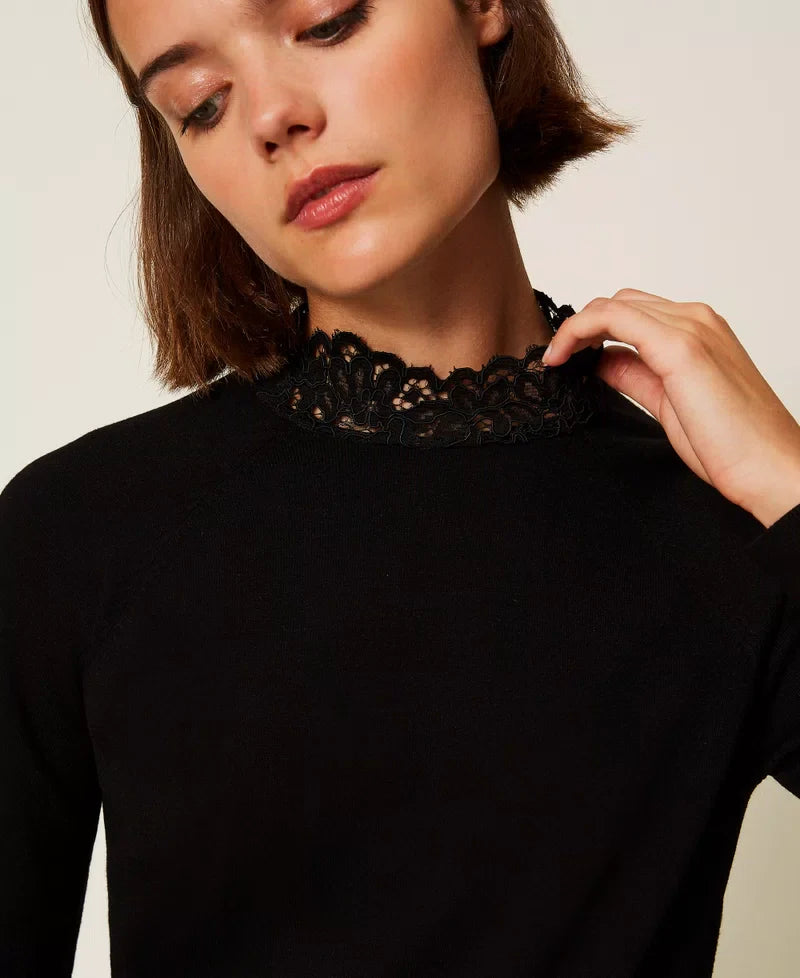 Twinset Twinset Black Viscose-Blend Turtleneck Jumper with Lace Trim