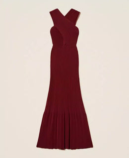 Twinset Burgundy Long Pleated Knit Dress with Reversible Design