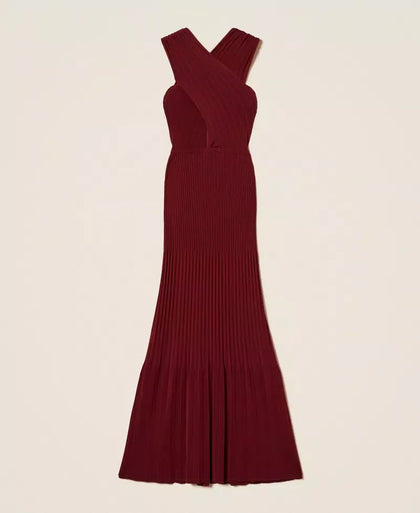 Twinset Burgundy Long Pleated Knit Dress with Reversible Design