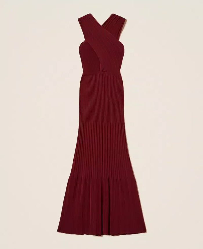 Twinset Burgundy Long Pleated Knit Dress with Reversible Design