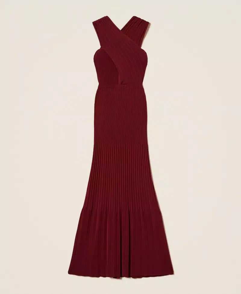 Twinset Burgundy Long Pleated Knit Dress with Reversible Design
