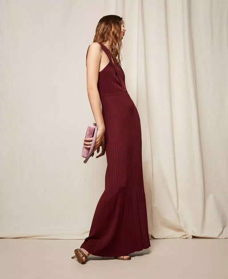 Twinset Burgundy Long Pleated Knit Dress with Reversible Design