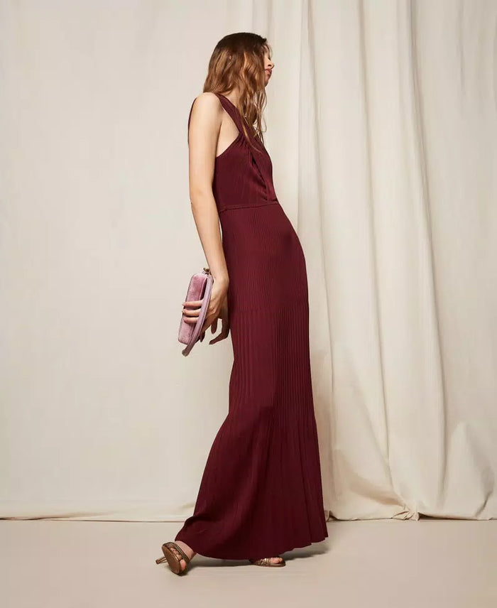 Twinset Burgundy Long Pleated Knit Dress with Reversible Design