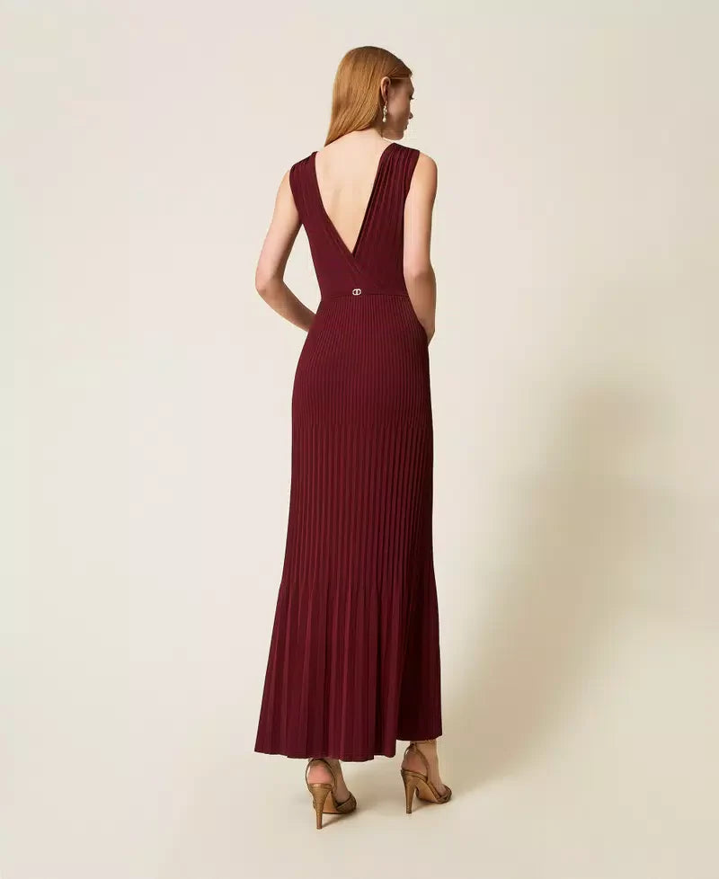 Twinset Burgundy Long Pleated Knit Dress with Reversible Design