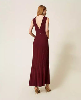 Twinset Burgundy Long Pleated Knit Dress with Reversible Design