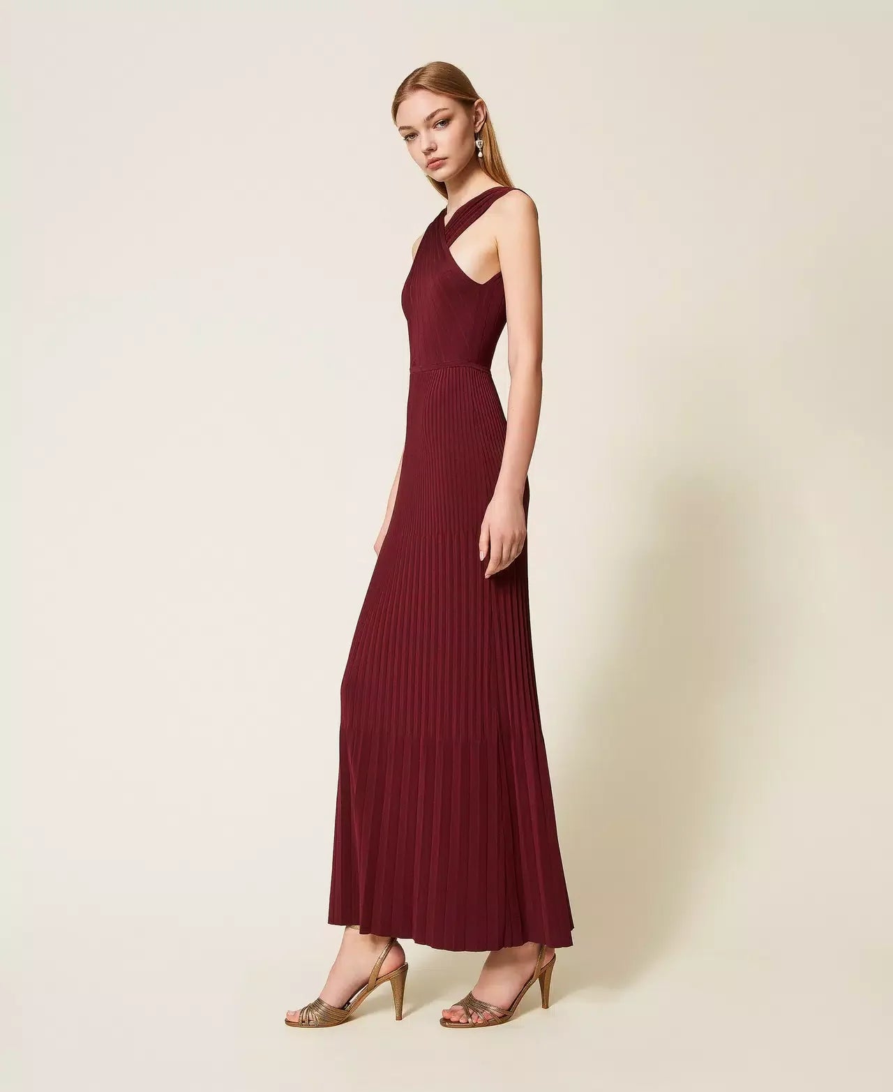 Twinset Burgundy Long Pleated Knit Dress with Reversible Design