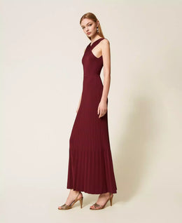 Twinset Burgundy Long Pleated Knit Dress with Reversible Design