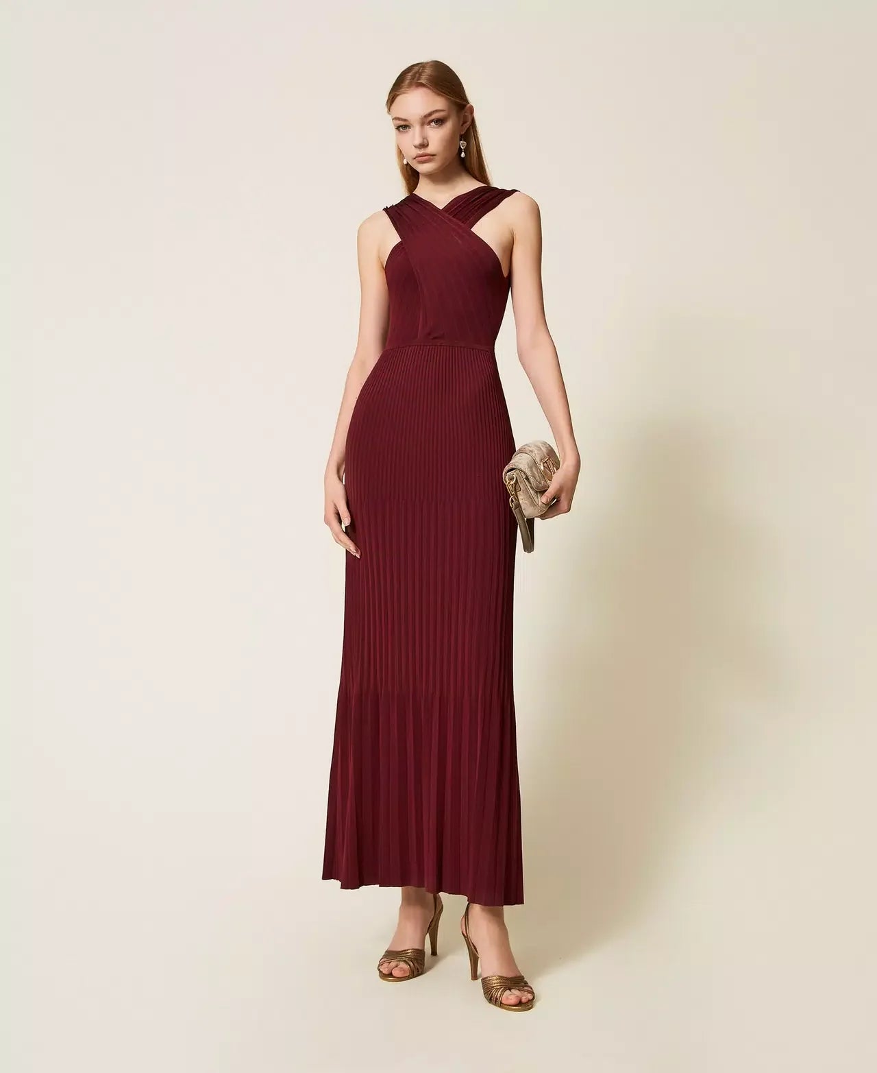 Twinset Burgundy Long Pleated Knit Dress with Reversible Design