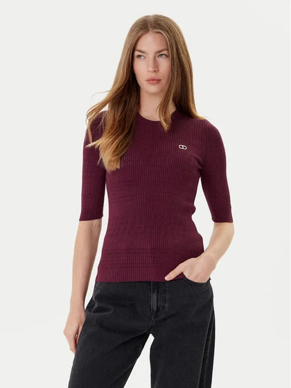 Twinset Burgundy Ribbed Knit Sweater with Half Sleeves
