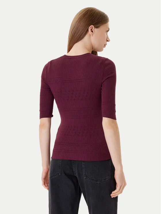 Twinset Burgundy Ribbed Knit Sweater with Half Sleeves
