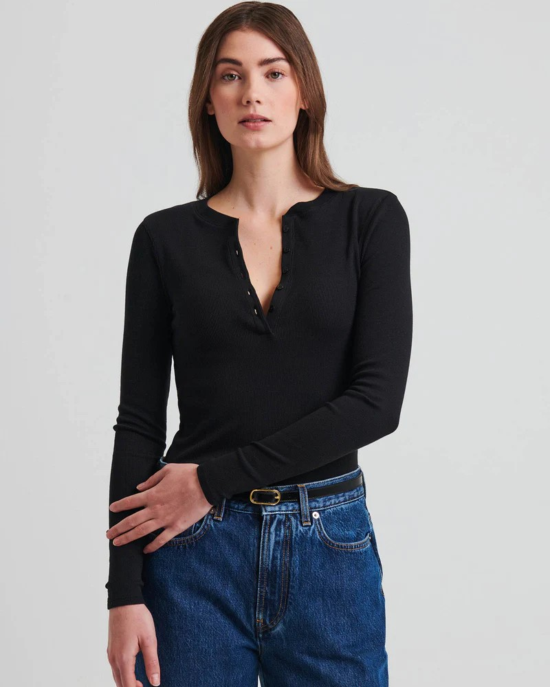 Pima Cotton Stretch Ribbed Long Sleeve Henley