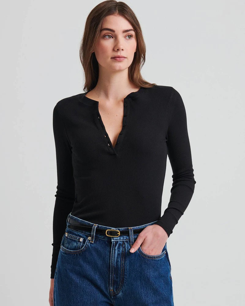 Pima Cotton Stretch Ribbed Long Sleeve Henley