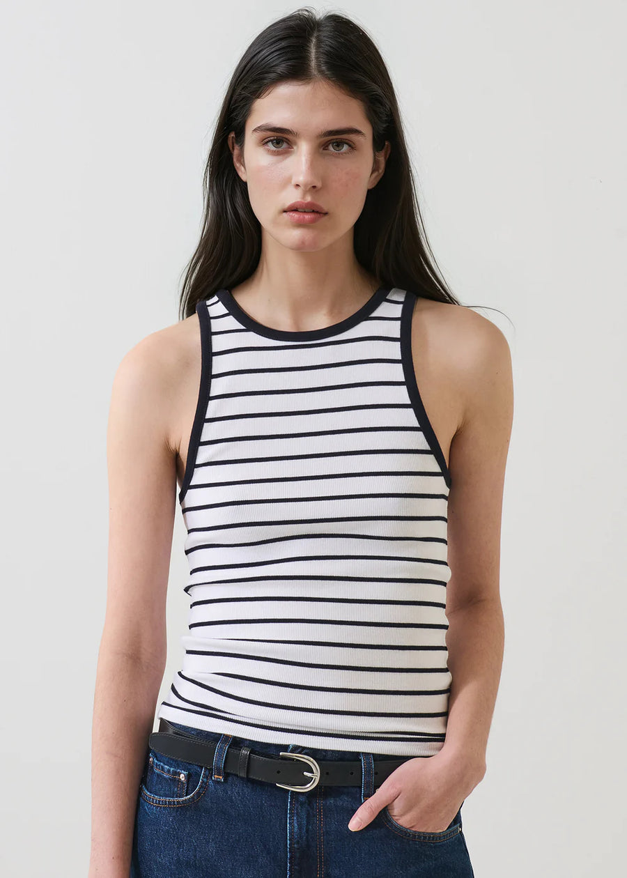Pima Cotton Stretch Striped Ribbed High Crew Tank