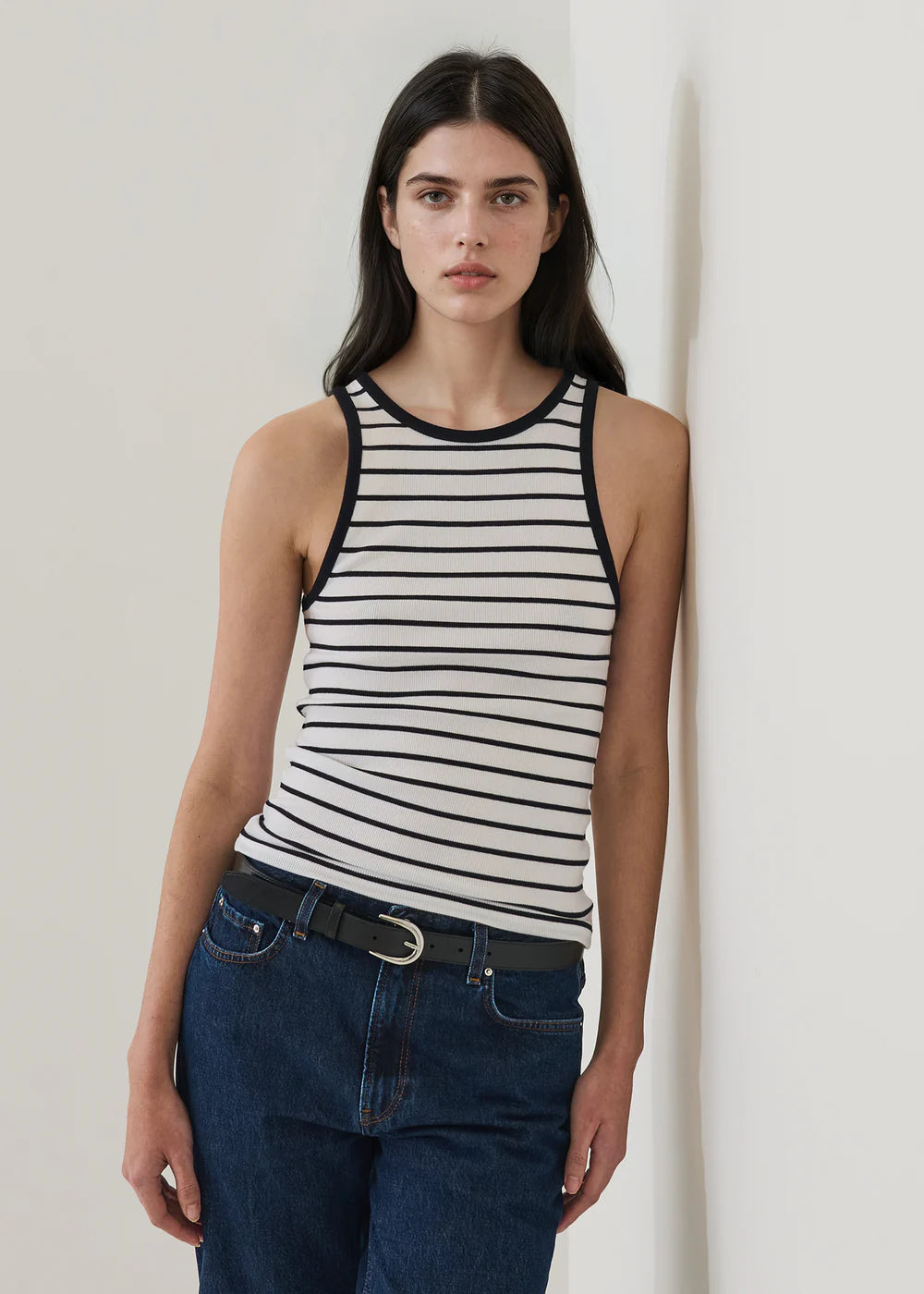 Pima Cotton Stretch Striped Ribbed High Crew Tank
