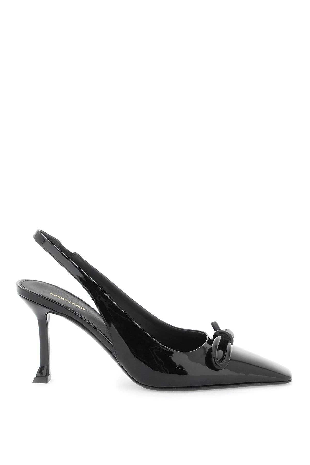 asymmetric slingback pumps with bow