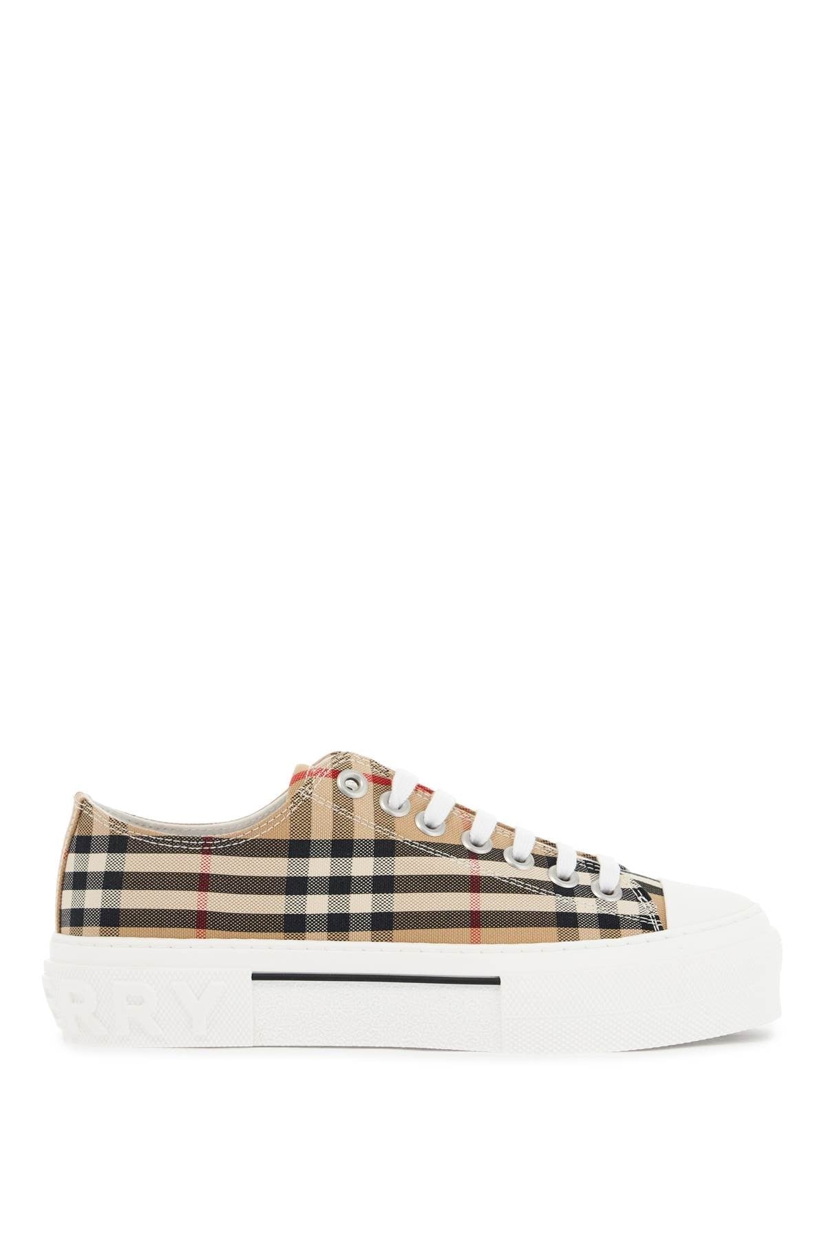 beige cotton sneakers with casual-chic check pattern