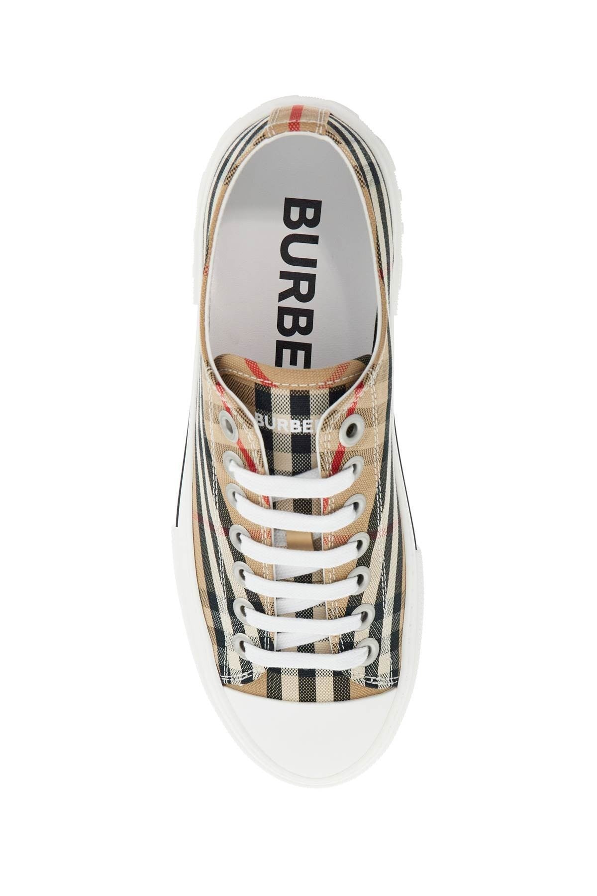 beige cotton sneakers with casual-chic check pattern