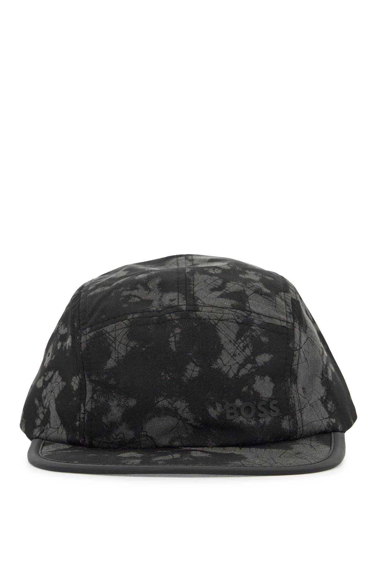 black flat brim hat with graphic print and adjustable closure