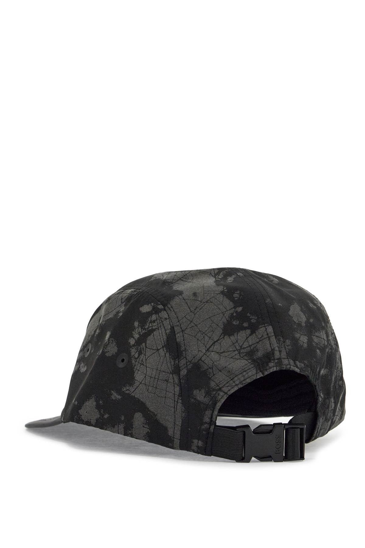 black flat brim hat with graphic print and adjustable closure