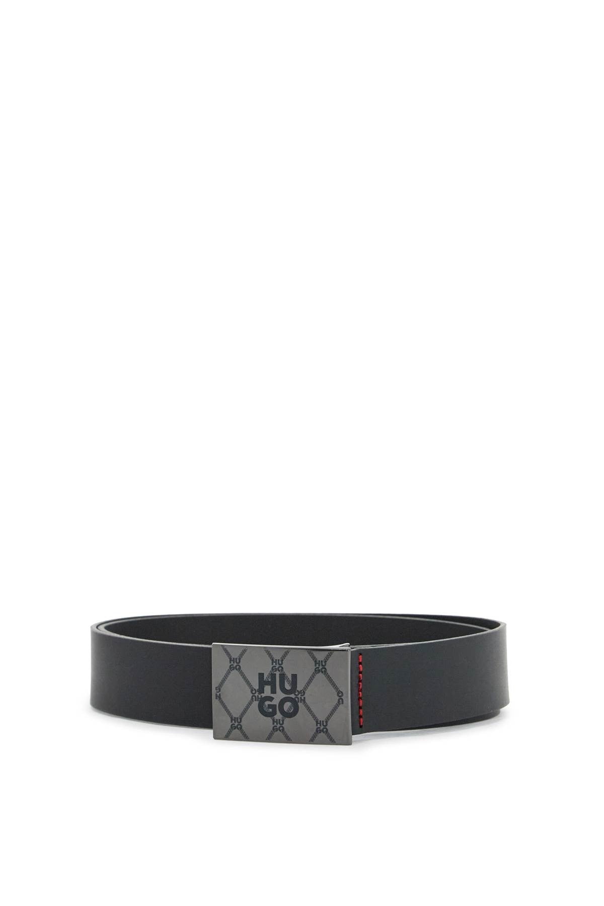 black leather belt with rectangular buckle and red stitching