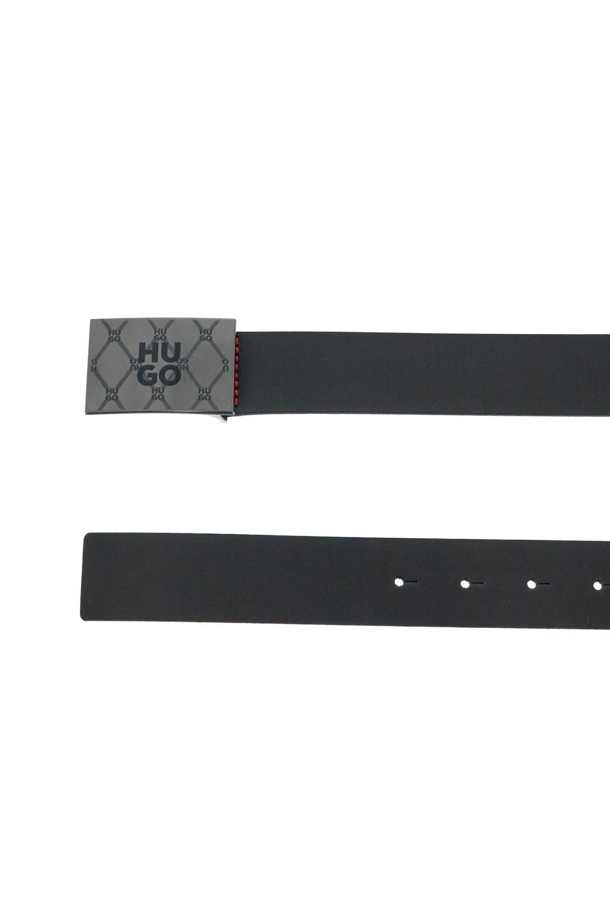 black leather belt with rectangular buckle and red stitching