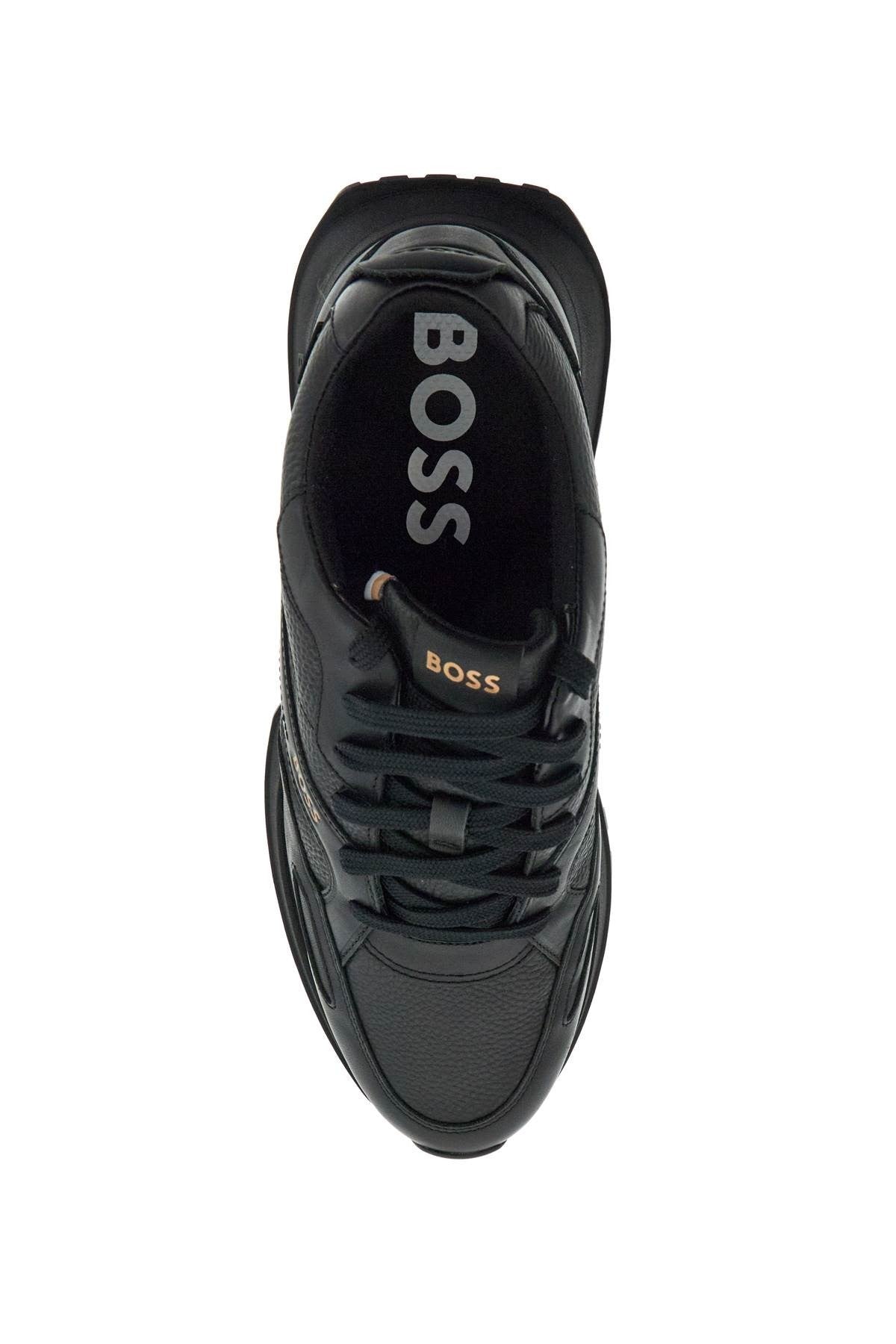 black leather sports sneakers with strap for men