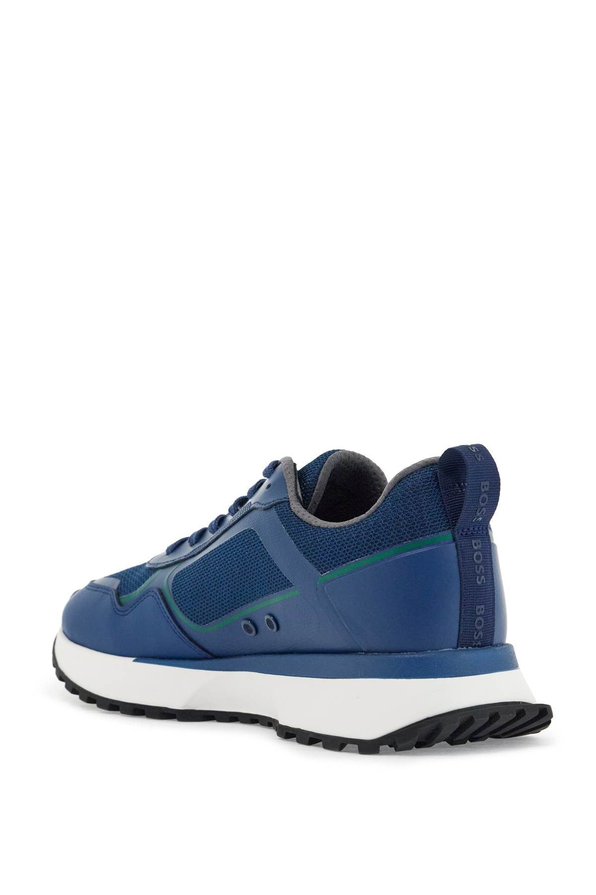 breathable blue sneakers with green details and white sole