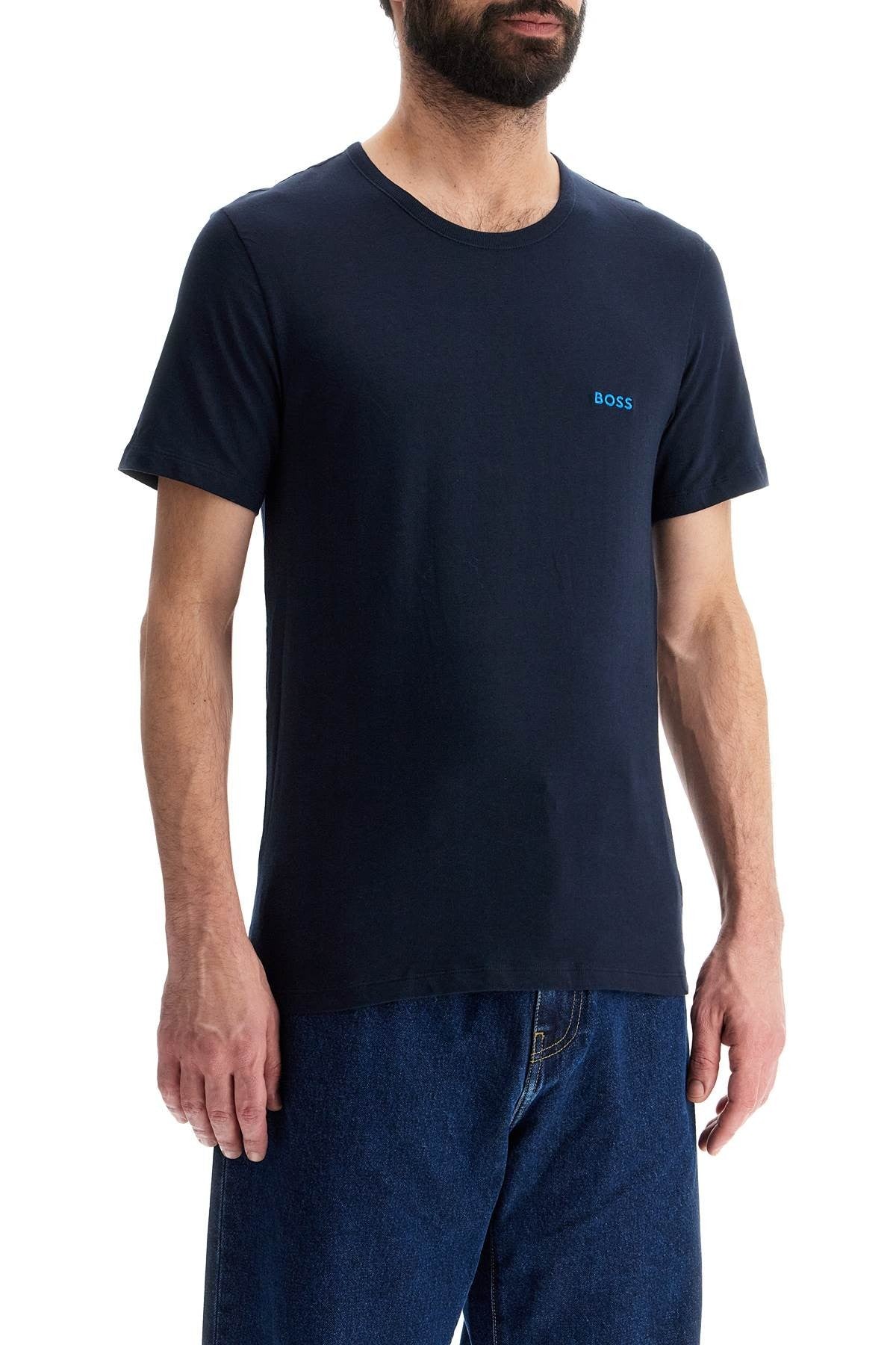 dark blue short sleeve t-shirt with wide neck regular fit cotton for men