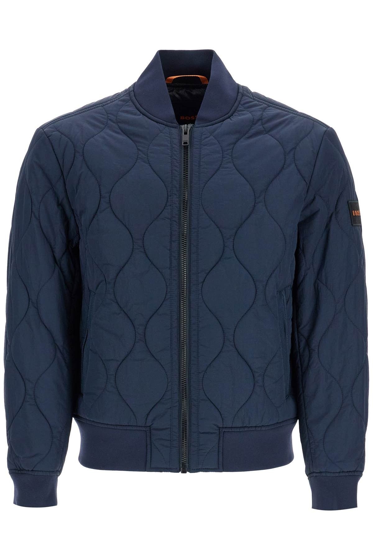 dark blue slim fit quilted down jacket with wavy pattern