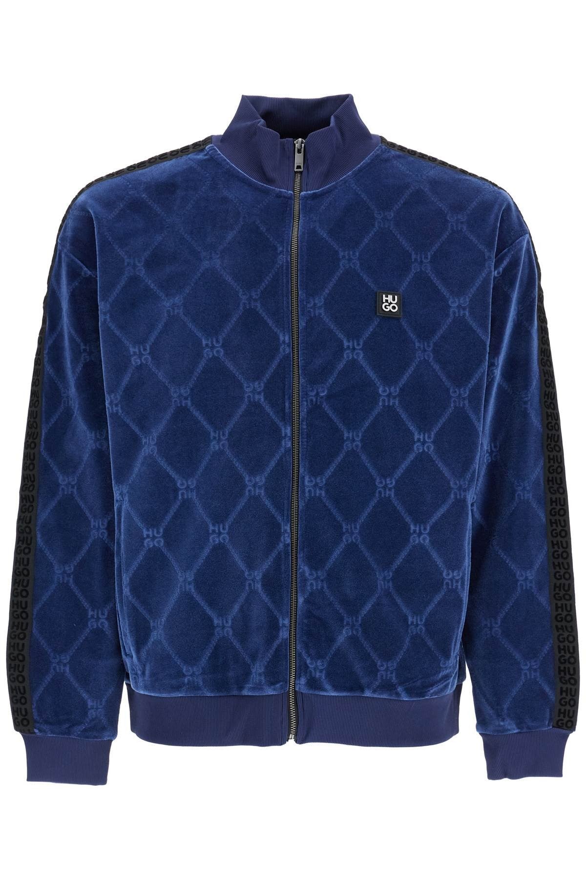 dark blue velvet high collar zip slim fit sweatshirt