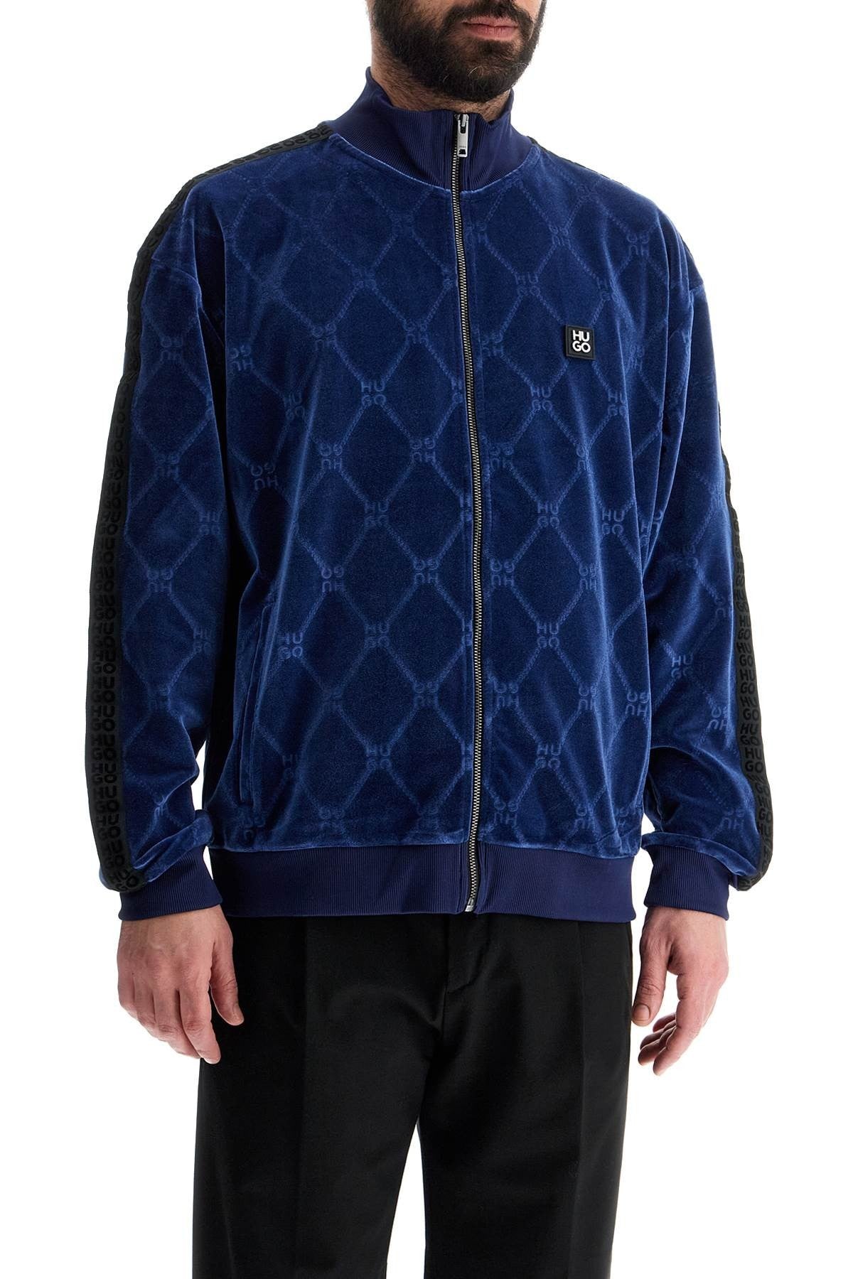 dark blue velvet high collar zip slim fit sweatshirt